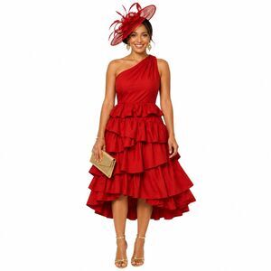 Anthropologie Midi Dress Size 8 Red One Shoulder Tiered Ruffle 100% Cotton